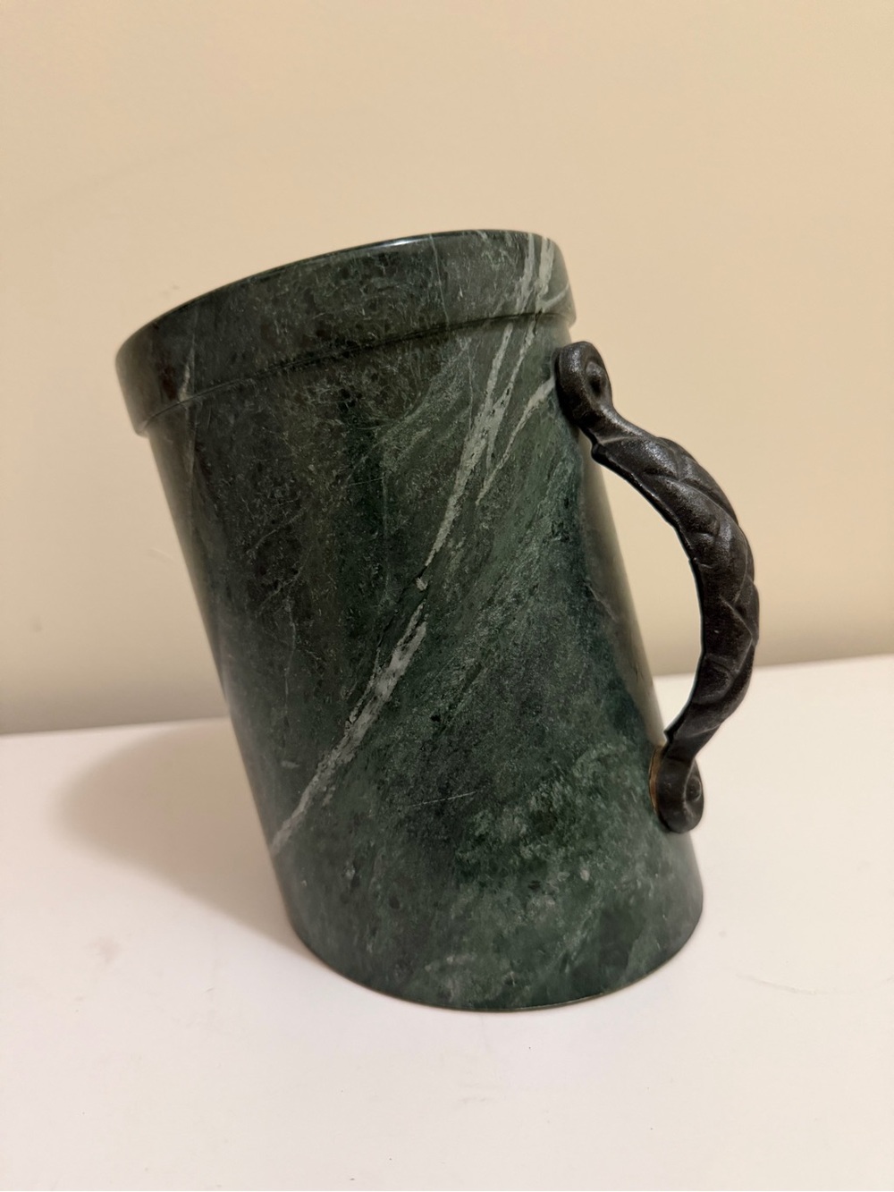 Vintage Mid Century Modern  Green Marble Kitchen Utensil Crock  With Handle 7"